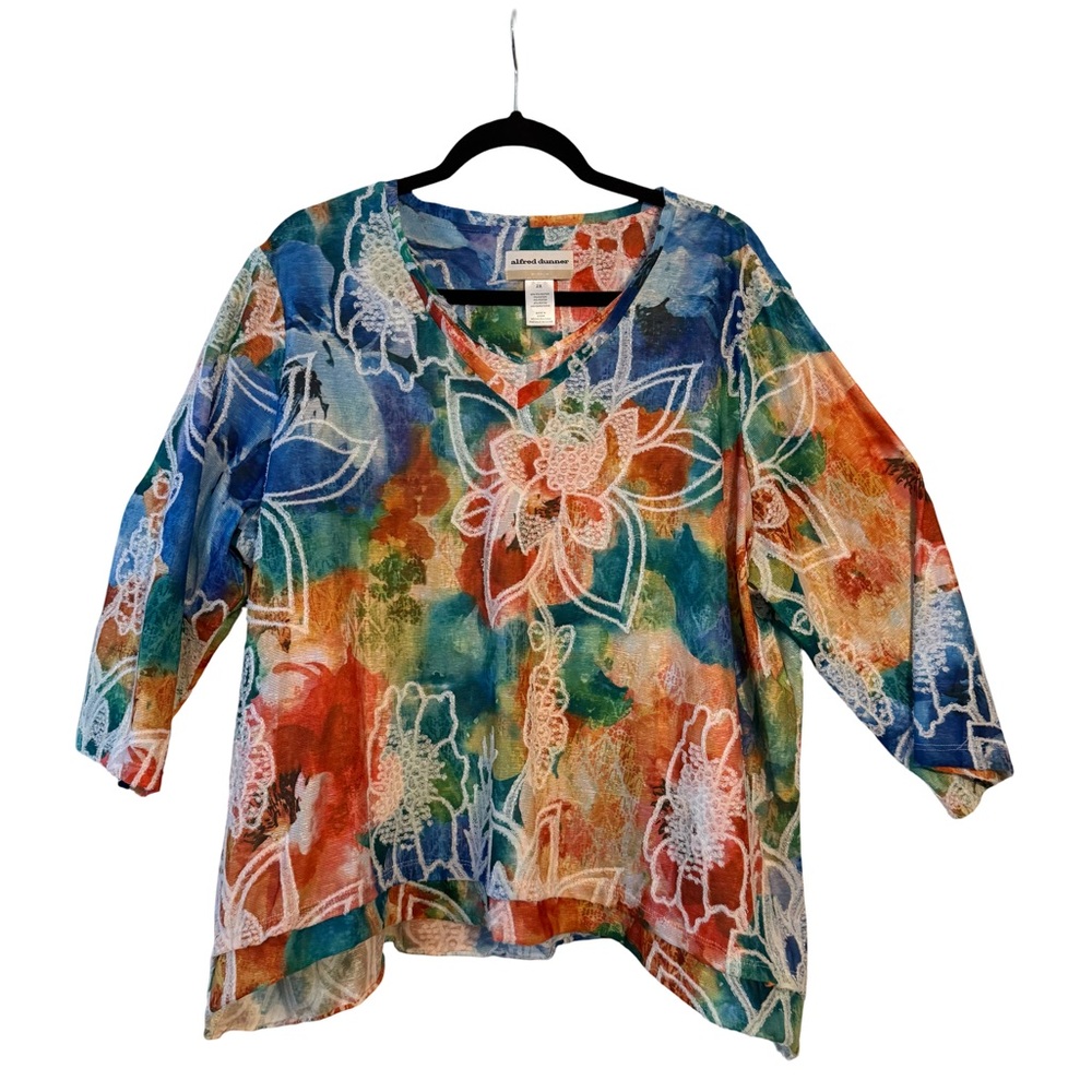 Alfred Dunner Blue Orange Green Cream Floral V-Neck Tunic
